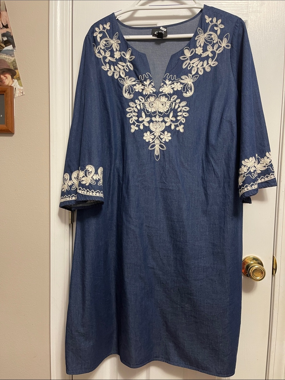 Embroidered Navy Midi Dress with White Floral Detail